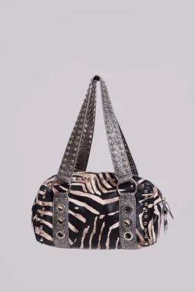 Bolso «Marza» de cuero sintético con tachuelas y estampado de cebra