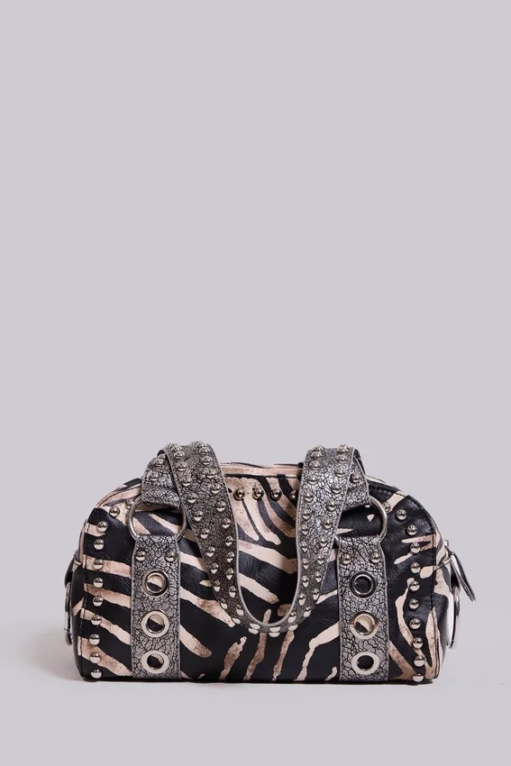 Bolso «Marza» de cuero sintético con tachuelas y estampado de cebra