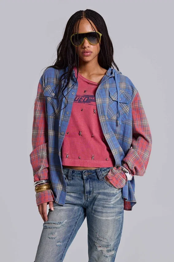 Camisa a cuadros con capucha y botones