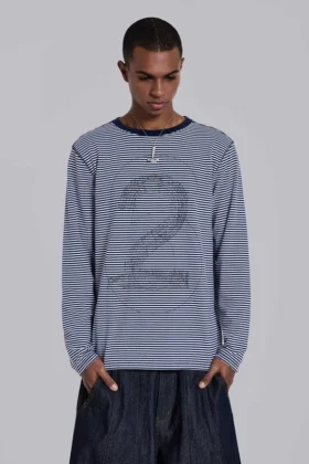 Camiseta de manga larga azul marino con 62 rayas