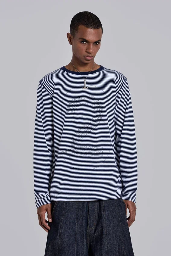 Camiseta de manga larga azul marino con 62 rayas
