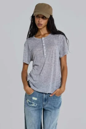 Camiseta Henley «Haze» en gris jaspeado