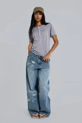 Camiseta Henley «Haze» en gris jaspeado