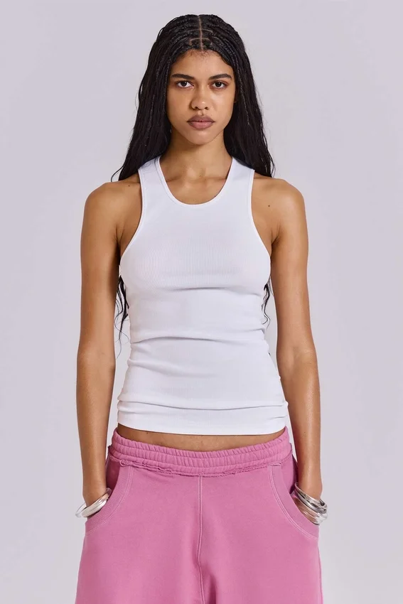 Camiseta sin mangas larga de canalé blanca