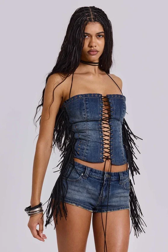 Corsé «Odile» de denim con flecos y cordones
