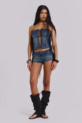 Corsé «Odile» de denim con flecos y cordones