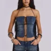 Corsé «Odile» de denim con flecos y cordones