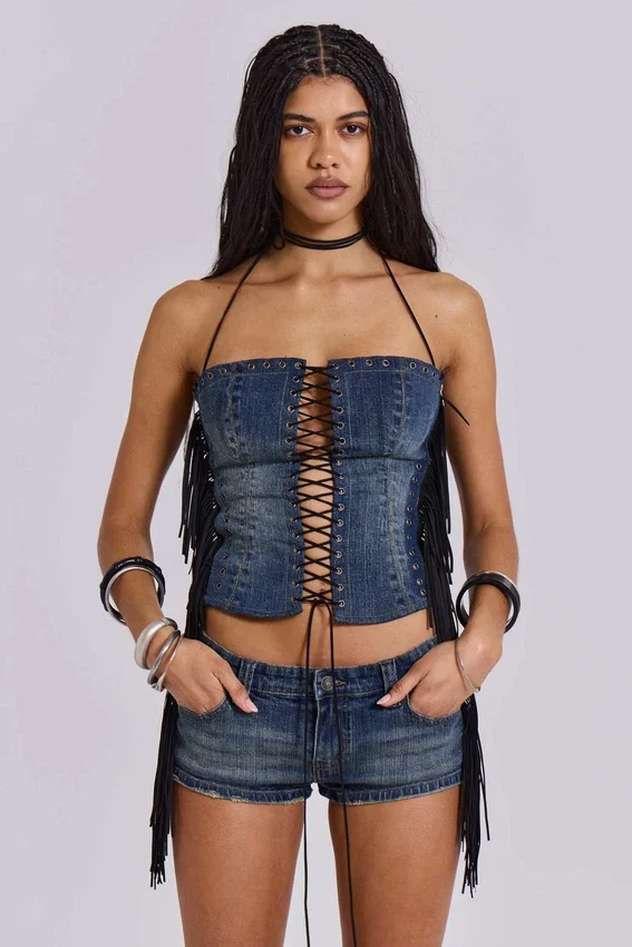 Corsé «Odile» de denim con flecos y cordones