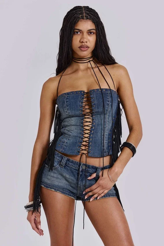 Corsé «Odile» de denim con flecos y cordones
