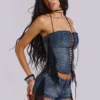 Corsé «Odile» de denim con flecos y cordones