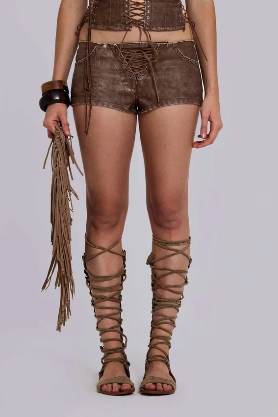 Minishorts de imitación de cuero «Vaca Whipstitch» en marrón