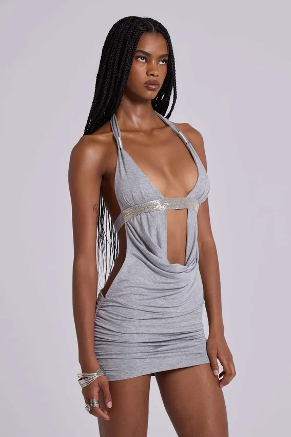 Minivestido con aberturas Anora en gris jaspeado