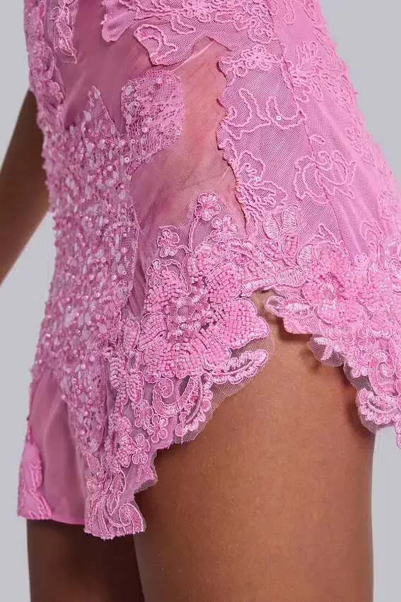 Minivestido de encaje con apliques Shadea en rosa