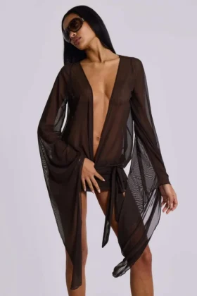 Minivestido de malla con escote pronunciado Aria en marrón