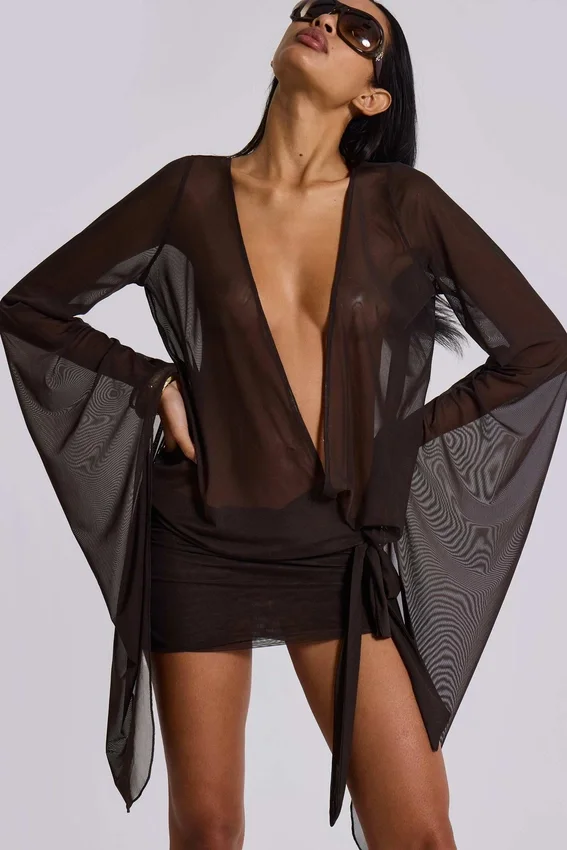 Minivestido de malla con escote pronunciado Aria en marrón