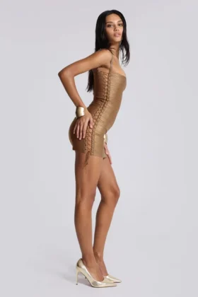 Minivestido «Idol» de estilo vendaje metalizado en color bronce