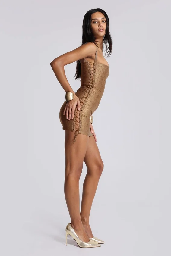 Minivestido «Idol» de estilo vendaje metalizado en color bronce
