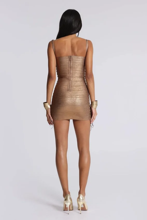 Minivestido «Idol» de estilo vendaje metalizado en color bronce