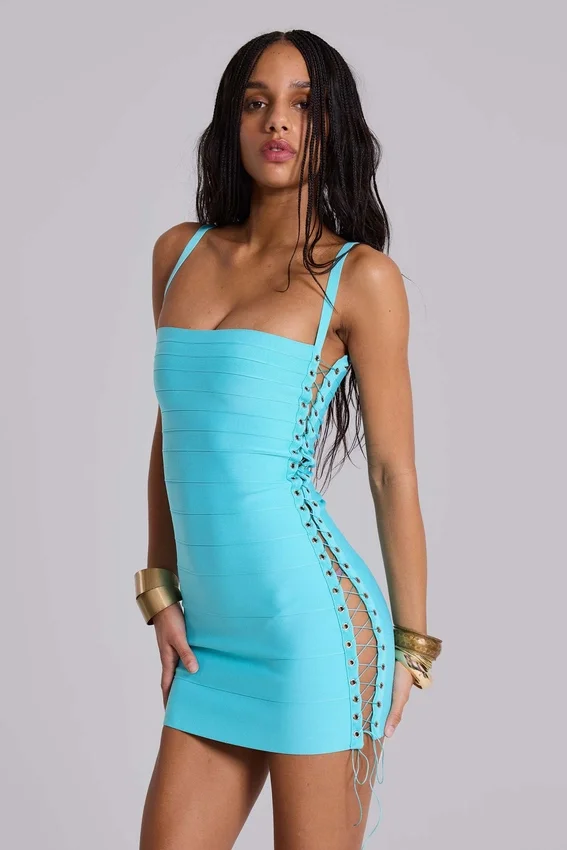Minivestido «Idol» tipo vendaje en turquesa