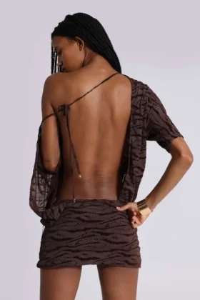 Minivestido sin espalda «Ophidian» en devoré con estampado de cebra
