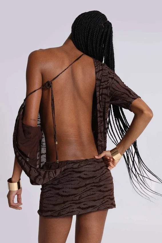 Minivestido sin espalda «Ophidian» en devoré con estampado de cebra