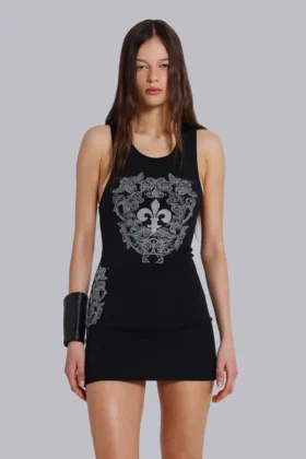Minivestido tipo chaleco con flor de lis de strass de Rock Revival