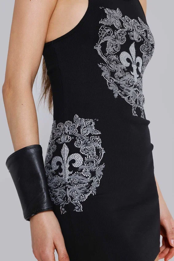 Minivestido tipo chaleco con flor de lis de strass de Rock Revival