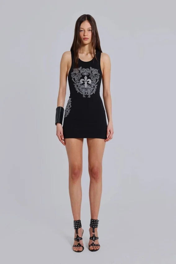 Minivestido tipo chaleco con flor de lis de strass de Rock Revival