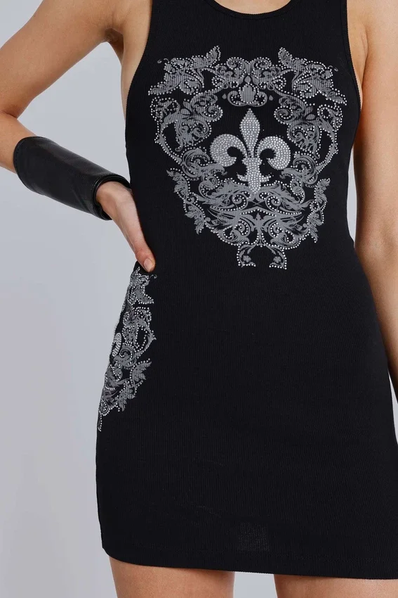 Minivestido tipo chaleco con flor de lis de strass de Rock Revival