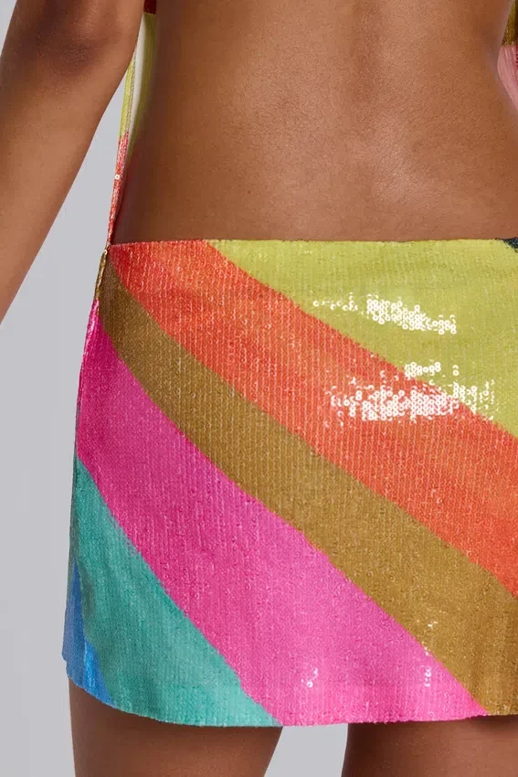 Minivestido Toryn sin espalda con rayas y lentejuelas