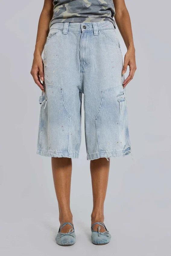 Pantalones cortos de vaquero de carpintero con doble refuerzo en las rodillas y rayas finas