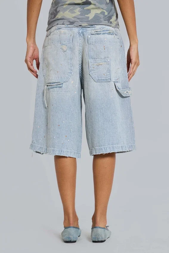 Pantalones cortos de vaquero de carpintero con doble refuerzo en las rodillas y rayas finas