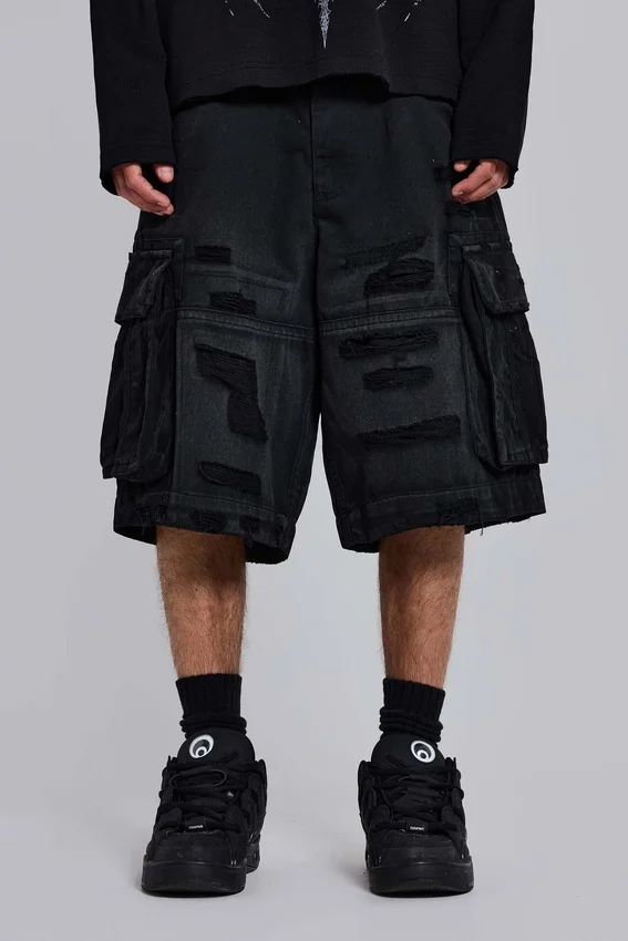 Pantalones cortos tipo cargo «Beach» desgastados negros