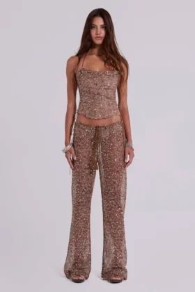 Pantalones de punto con lentejuelas Deva en color arena