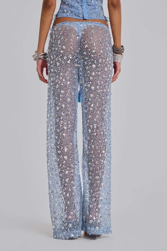 Pantalones de punto con lentejuelas Deva en color cielo