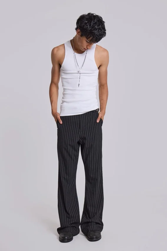 Pantalones de traje bootcut con corte escalonado a rayas negras
