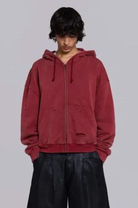 Sudadera con capucha, cremallera y forro de tejido de pan de miel, con efecto desgastado «Red Sun»