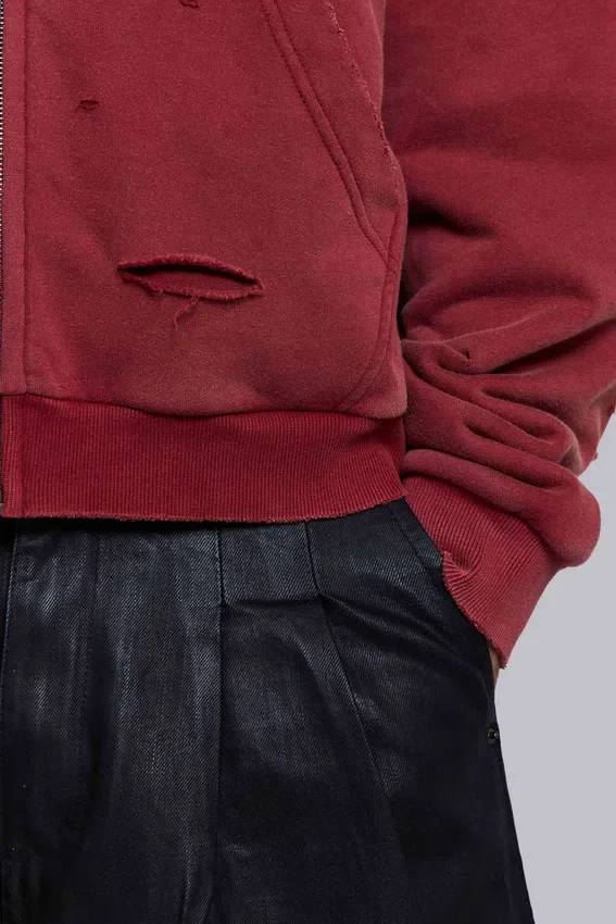 Sudadera con capucha, cremallera y forro de tejido de pan de miel, con efecto desgastado «Red Sun»
