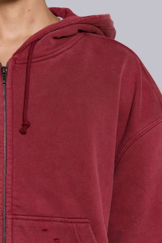 Sudadera con capucha, cremallera y forro de tejido de pan de miel, con efecto desgastado «Red Sun»