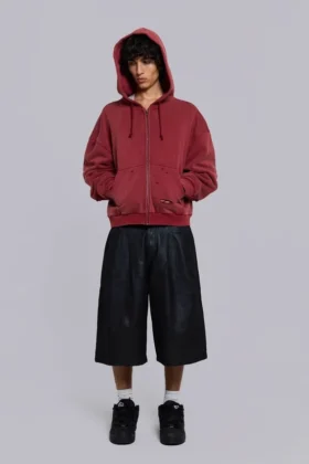 Sudadera con capucha, cremallera y forro de tejido de pan de miel, con efecto desgastado «Red Sun»