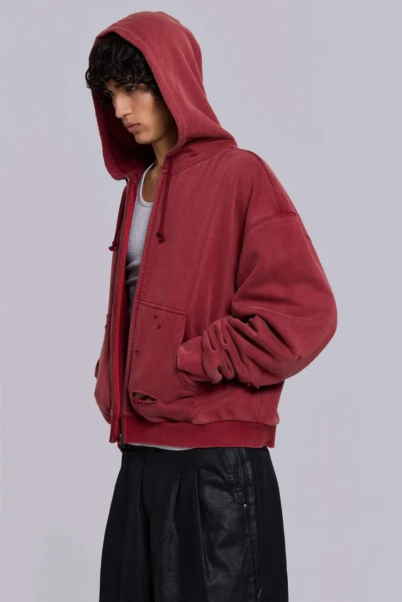 Sudadera con capucha, cremallera y forro de tejido de pan de miel, con efecto desgastado «Red Sun»