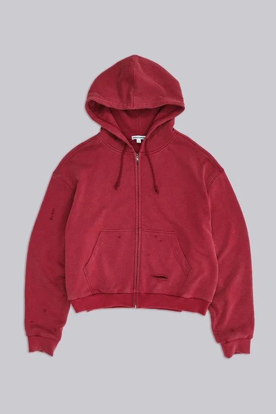 Sudadera con capucha, cremallera y forro de tejido de pan de miel, con efecto desgastado «Red Sun»