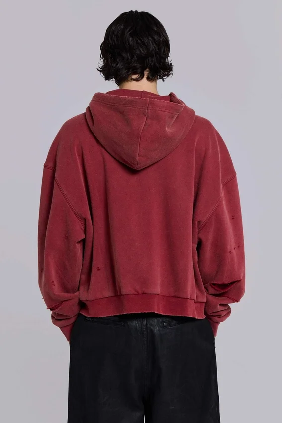 Sudadera con capucha, cremallera y forro de tejido de pan de miel, con efecto desgastado «Red Sun»