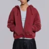 Sudadera con capucha, cremallera y forro de tejido de pan de miel, con efecto desgastado «Red Sun»