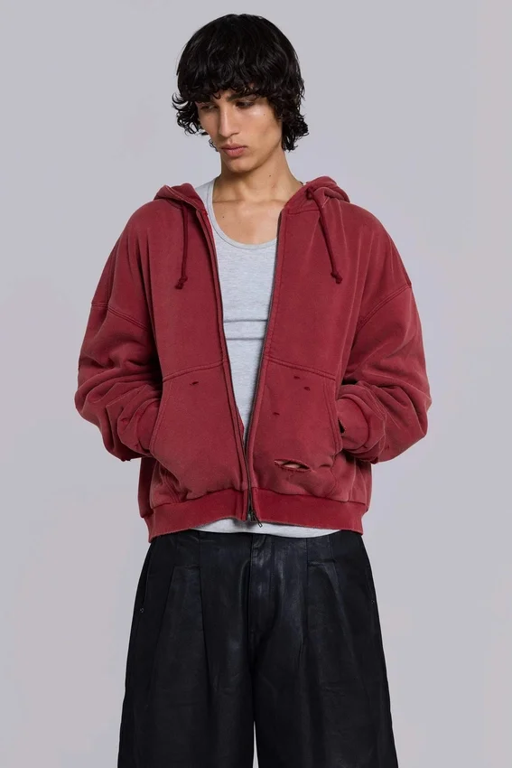 Sudadera con capucha, cremallera y forro de tejido de pan de miel, con efecto desgastado «Red Sun»