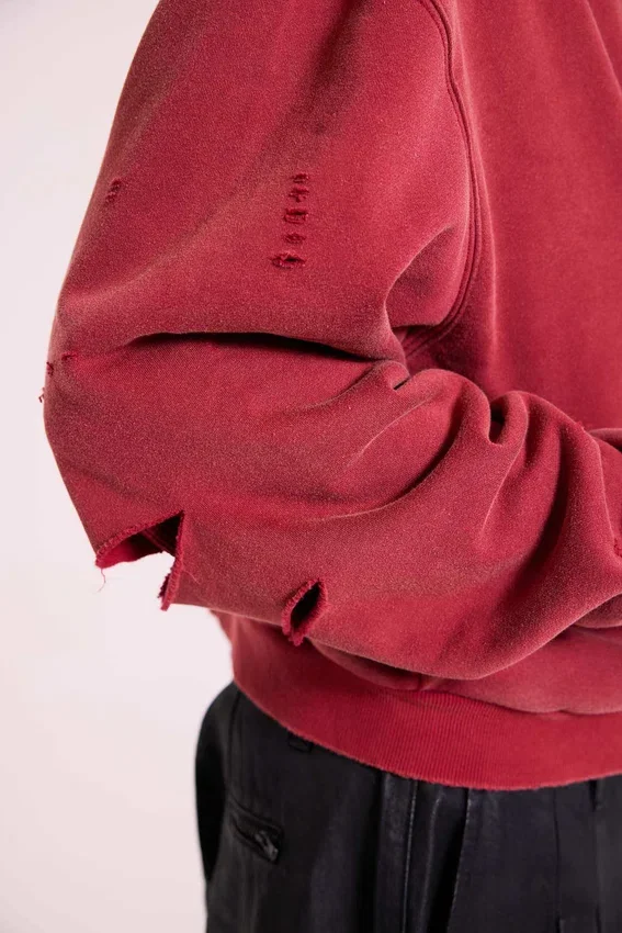 Sudadera con capucha, cremallera y forro de tejido de pan de miel, con efecto desgastado «Red Sun»