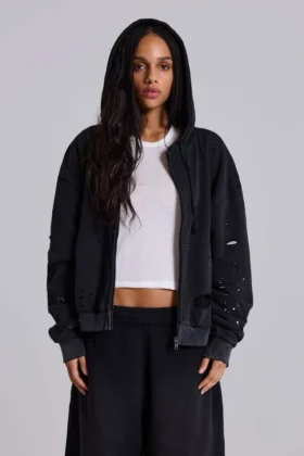 Sudadera con capucha, cremallera y forro de tejido de panal, en negro lavado y efecto descolorido por el sol