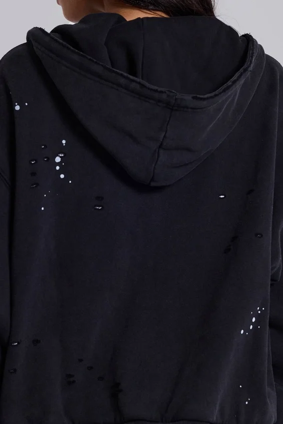 Sudadera con capucha, cremallera y forro de tejido de panal, en negro lavado y efecto descolorido por el sol