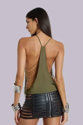 Top con abalorios Aleya en color caqui
