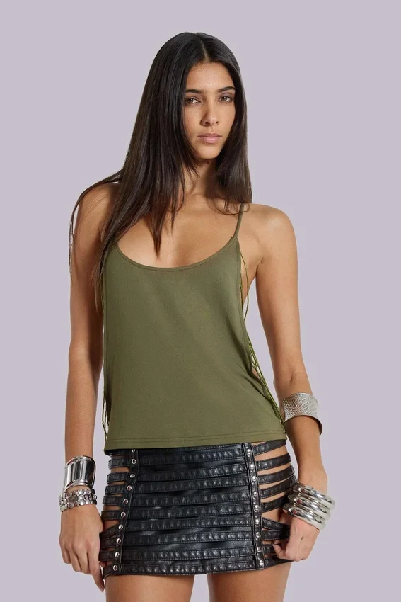 Top con abalorios Aleya en color caqui